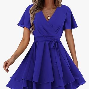 Amoretu Womens Casual Short Sleeve Wrap V-Neck Ruffle Mini Dress